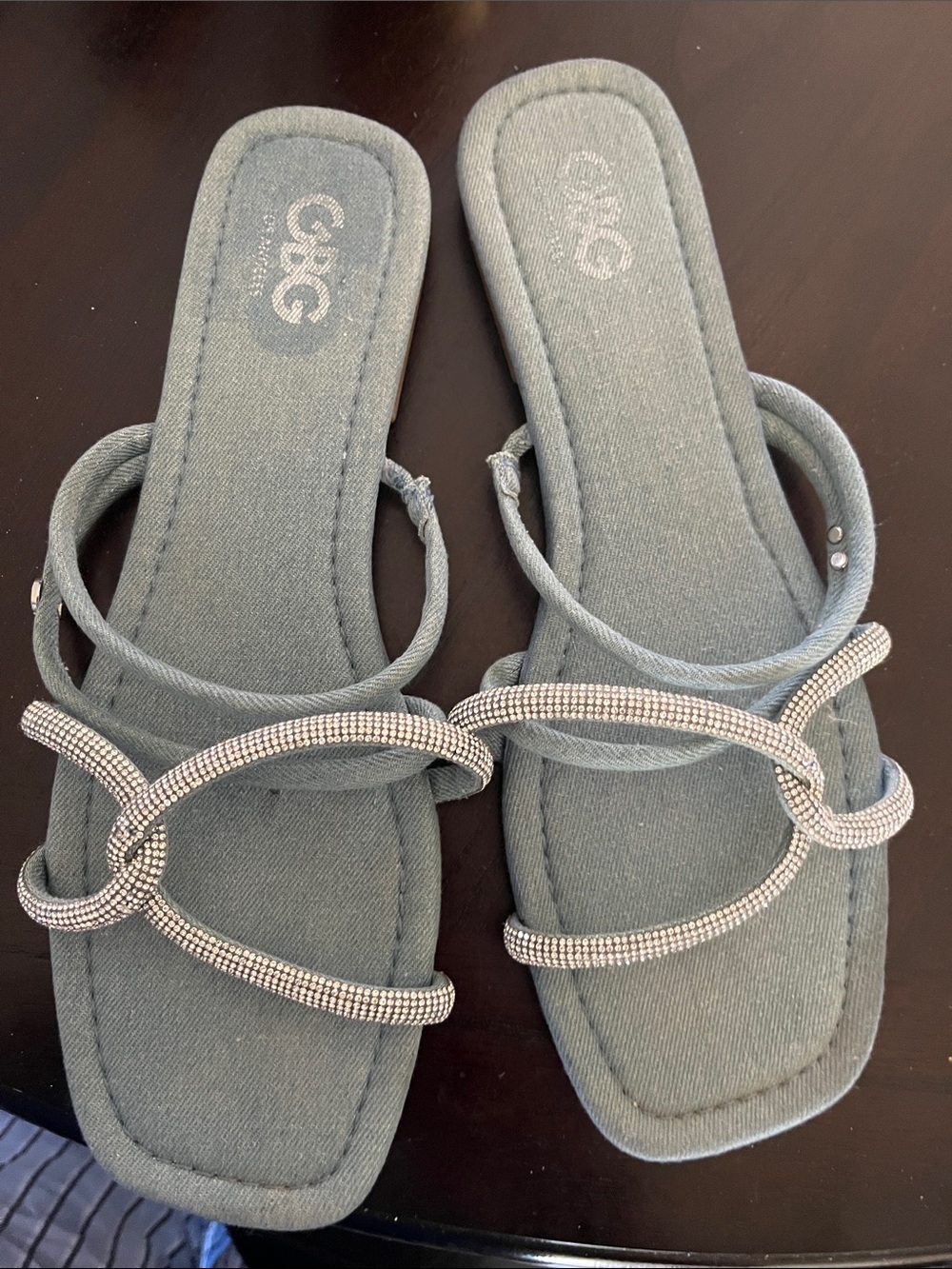 G by Guess Gray Slip-On Sandals with Rhinestone Loop Straps